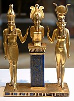 Osiris on a lapis lazuli pillar in the middle, flanked by Horus on the left, and Isis on the right, 22nd dynasty, Louvre