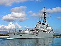 In this image of USS Fitzgerald (DDG-62), a Flight I ship, note TACTAS in center of fantail, lack of helicopter hangars, and design of stacks.