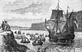 19th-century illustration Halve Maen (Half Moon) in the Hudson River in 1609