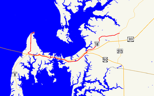 A map of western Queen Anne's County, Maryland showing major roads. MD 18 runs from Love Point to Centreville.