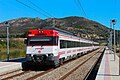 Renfe Class 447 at Vilajuïga station, in the Barcelona-Portbou/Cerbère Rodalies de Catalunya line.