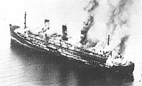 S.S. Cap Arcona burning shortly after the British Royal Air Force aerial attacks and bombings, May 1945.