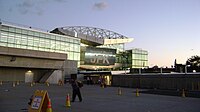 The building housing the AirTrain platforms as seen from the outside of the station