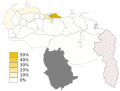 Porcentaje de votos de PJ dentro de las diversos bloques opositores en las elecciones regionales de Venezuela de 2004. PJ no participó en varios estados. El estado Amazonas (en gris), no participó.