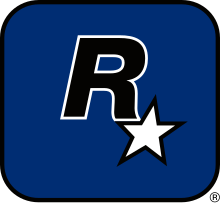 A capital "R" in black with a white outline and a five-pointed, white star with a black outline appended to its lower-right end. They lay on a dark-blue square with a black outline and rounded corners.