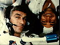 Plantronics (SPENCOM) headsets in use by NASA Astronauts Evans and Cernan, both wearing "Snoopy" caps, aboard the Apollo 17 spacecraft.