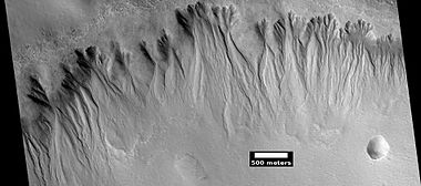 Gullies on wall of crater, as seen by HiRISE under HiWish program. Location is the Mare Acidalium quadrangle.