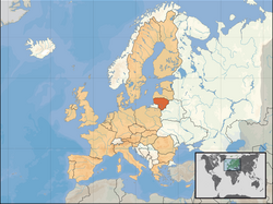 Location of Lithuania (orange) – in Europe (tan & white) – in the European Union (tan)  [Legend]