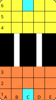 Two player areas each 5×3, connected by two "I" bridges spanning B3-B4 and D3-D4.