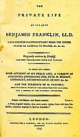 Autobiography of Benjamin Franklin. Cover of the first English publication, J. Parson's, London, 1793