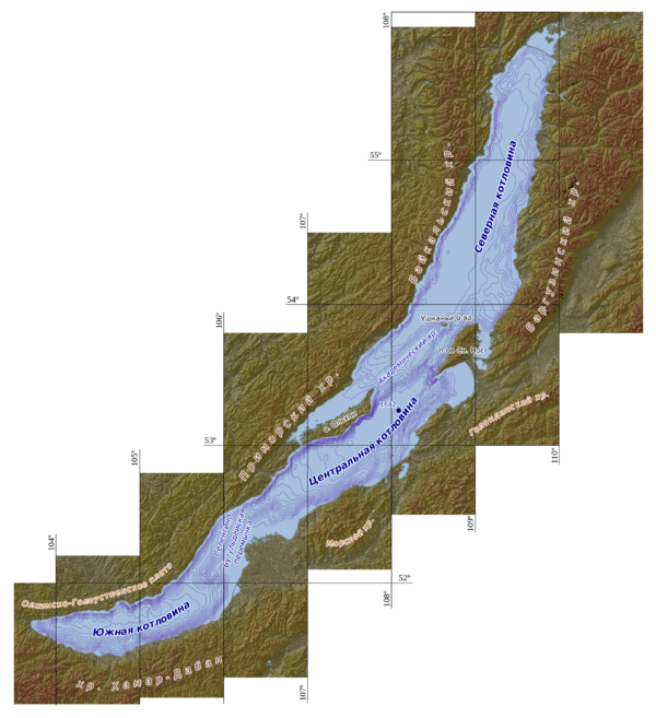 The submerged portion of Academician Ridge connects the Ushkany Islands (upper right just west of the Svyatoy Nos peninsula) with Olkhon Island (lower left). Click to see full lake relief map.