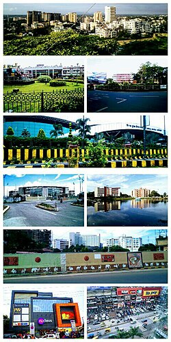 From top left to right :- Kanke , Ranchi Railway Station , Rajendra chowk , Birsa Munda Airport , JSCA International Cricket Stadium , Line tank pond , Kadru flyover , Nucleus mall , GEL church complex .