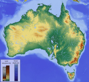 Map showing the topography of Australia, showing some elevation in the west and very high elevation in mountains in the south-east