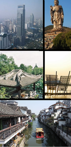 Clockwise from top: Yunfu Mansion, Grand Buddha at Ling Shan, Lihu Lake, city canal, Liyuan Gardens