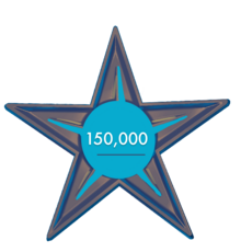 A star with the text "150,000"