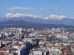 The northern edge of Ljubljana's center (foreground) and Bežigrad (middle), beneath the Kamnik Alps (in 2008)