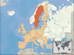 Location of Sweden (orange) – in Europe (tan & white) – in the European Union (tan)  [Legend]