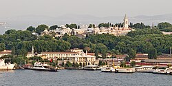 A close-up view of Topkapı Palace, with the Prince Islands in the background.