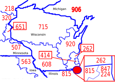 Map of Wisconsin showing area codes