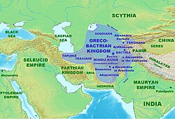 Approximate maximum extent of the Greco-Bactrian kingdom circa 180 BC, under the reign of Demetrius, including the regions of Tapuria and Traxiane to the West, Sogdiana and Ferghana to the north, Bactria and Arachosia to the south.