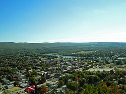 A view of Port Jervis showing the Mid-Delaware Bridge to Matamoras, PA at right and New Jersey's High Point on the Kittatinny Ridge in the background.