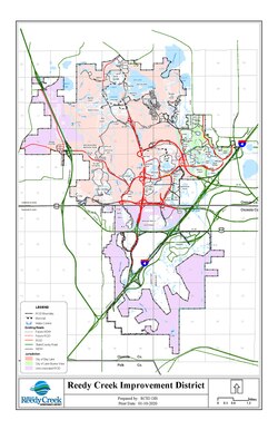 Map showing the cities of Bay Lake (red) and Lake Buena Vista (green), and unincorporated land (purple)