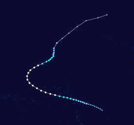 Map of the western Pacific Ocean depicting the track of Tropical Storm Zelda, through the Marshall Islands and its re-curvature