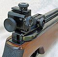 Diopter rear sight on a Feinwerkbau 300S 10 metre air rifle.