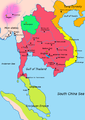 Image 30Map of South-east Asia c. 900 CE, showing the Khmer Empire in red, Champa in yellow and Haripunjaya in light green, plus additional surrounding states (from History of Cambodia)