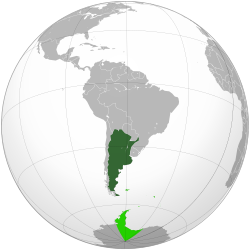 The Argentine claims in Antarctica (overlapping the Chilean and British Antarctic claims) along with the Falkland Islands, South Georgia, and the South Sandwich Islands (administered by the United Kingdom) shown in light green.