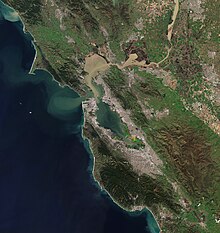 A satellite image of the Bay Area, depicting features visible from space.