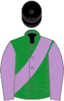 GREEN, mauve sash and slvs., black cap