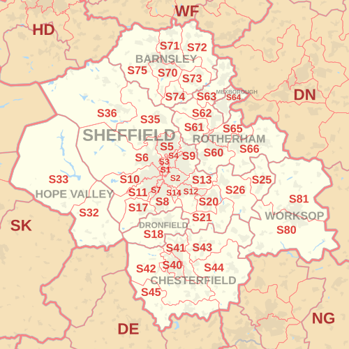 S postcode area map, showing postcode districts, post towns and neighbouring postcode areas.