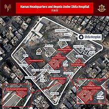 An Israeli Defense Forces aerial photograph of Shifa Hospital and Hamas headquarters claimed to be below it, marked in red