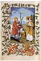 St Odile depicted with St Christopher. Illumination from the Book of Hours of Christopher I, Margrave of Baden-Baden, c. 1519.