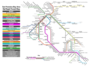 A transit map with lines depicting routes operated by various public rail agencies in the Bay Area.