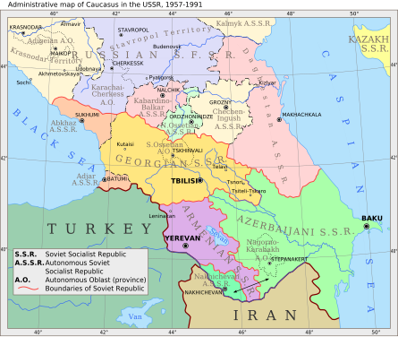 Soviet Caucasus (note SSR,ASSR,AO)