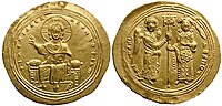 Byzantine gold histamenon coin of 1041/2. The emperor is crowned by the hand.