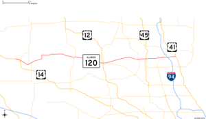 The northeastern part of Illinois showing major roads. IL 120 runs from US 14 east to IL 131.