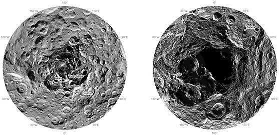 Ceres, polar regions (November 2015): North (left); south (right). The south pole is in shadow. "Ysolo Mons" has since been renamed "Yamor Mons."[67]