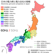 Map of Japan's electricity distribution network, showing incompatible systems between regions. Fukushima is in the 50 hertz Tohoku region.