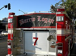 Banner affixed to a San Diego fire engine