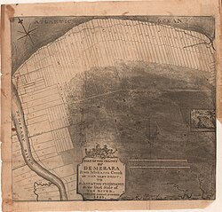 Map of northern coast of today's Georgetown Guyana in 1823, showing the plantations as neat narrow strips perpendicular to the coast