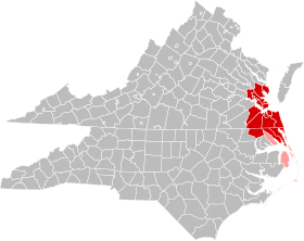 Jurisdictions in the Hampton Roads MSA are colored in red. Jurisdictions in the CSA, but not the MSA, are colored in pink.