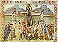 Ilustración del Evangeliario Rabbula,[16]​ año 586, siríaco, la primera representación de Cristo en la cruz en un manuscrito iluminado.