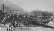 Ore wagons from the Silver King Mine at the Pinal mills, circa 1885