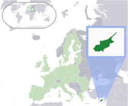 Location of Cyprus (dark green) – in Europe (light green & dark grey) – in the European Union (light green)