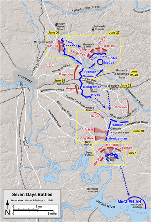 Map is labeled, "Seven Days Battles, Overview: 25 June - 1 July 1862"