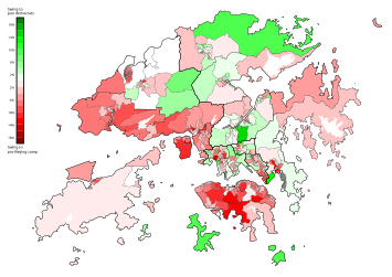 游離票率增長：除了八鄉、錦田、新界東北、南丫島等鄉郊地區，以及沙田乙明、馬鞍山利安、大埔富亨、上水天平西，以及市區的九龍塘、美孚、奧運等泛民得票所有增長外，其餘地區都出現選票倒向建制派的情況，尤其以中環、東西半山、柴灣翡翠、深水埗富昌、石硤尾、黃大仙龍上、竹園北、油塘、大部份新界西地區以及將軍澳情況更為嚴重。