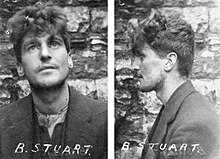 Small black and white profile photograph of O'Malley, with the letters "B Stuart" written by hand across the bottom, taken in front of a wall; front and side view of his face shown with thick wavy hair